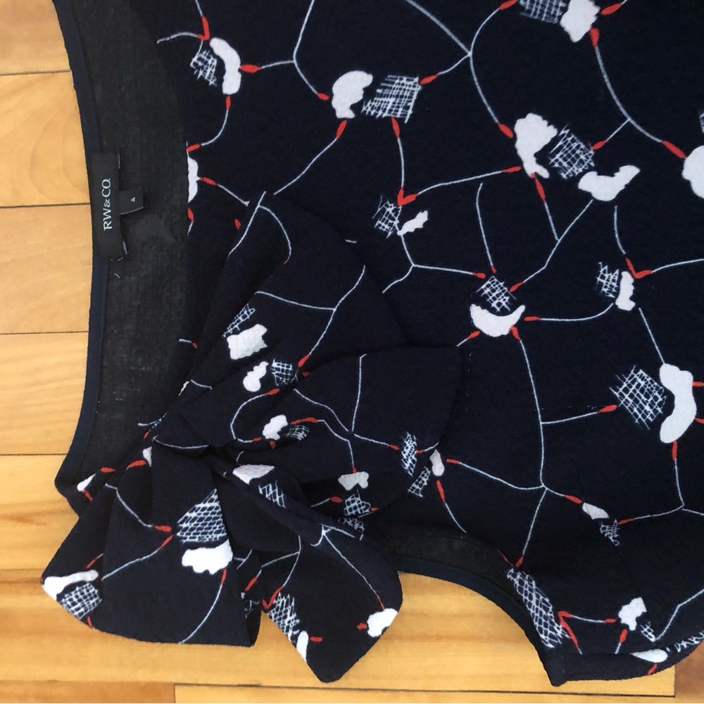 RW&CO Navy Print Fit and Flare Bow on shoulder Dress size 4 - Picture 4 of 10